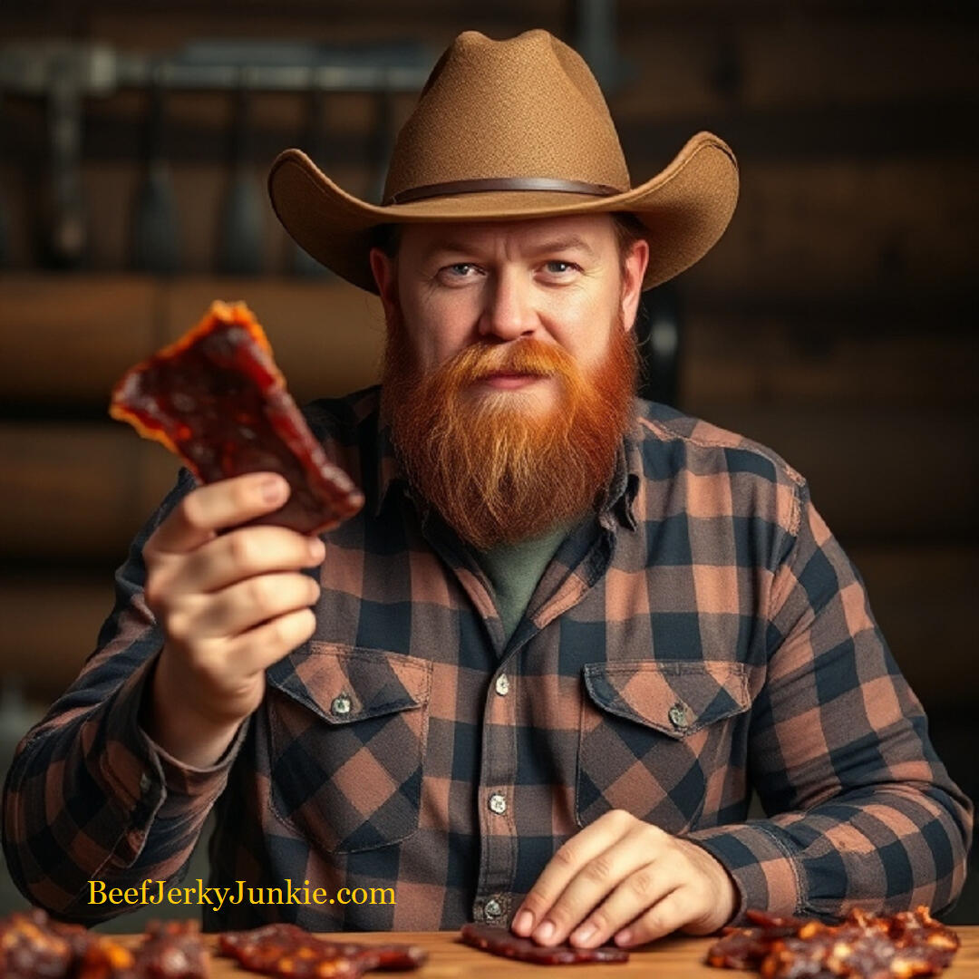 Bearded cowboy with long-sleeved flannel shirt holding up a big piece of beef jerky