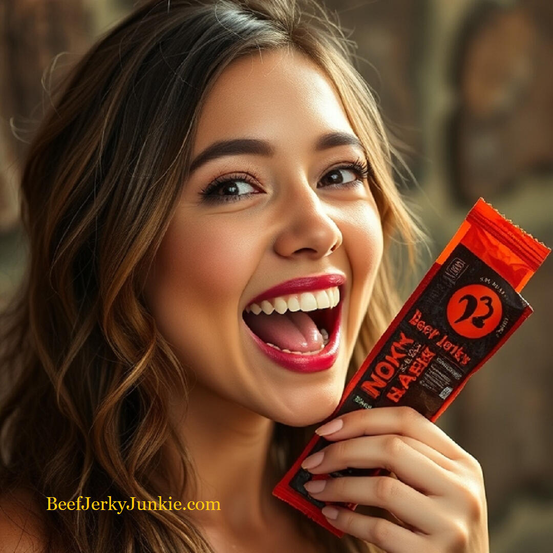 beautiful smiling girl with mouth open, perfect teeth holding a small package of beef jerky